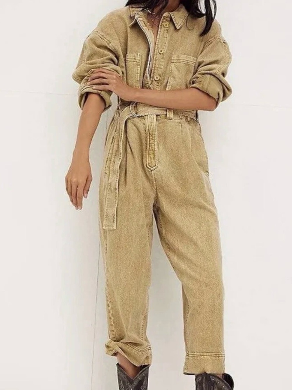 Free People Wayward Super Slouch Jumpsuit - Tan Utility Denim Jumpsuit